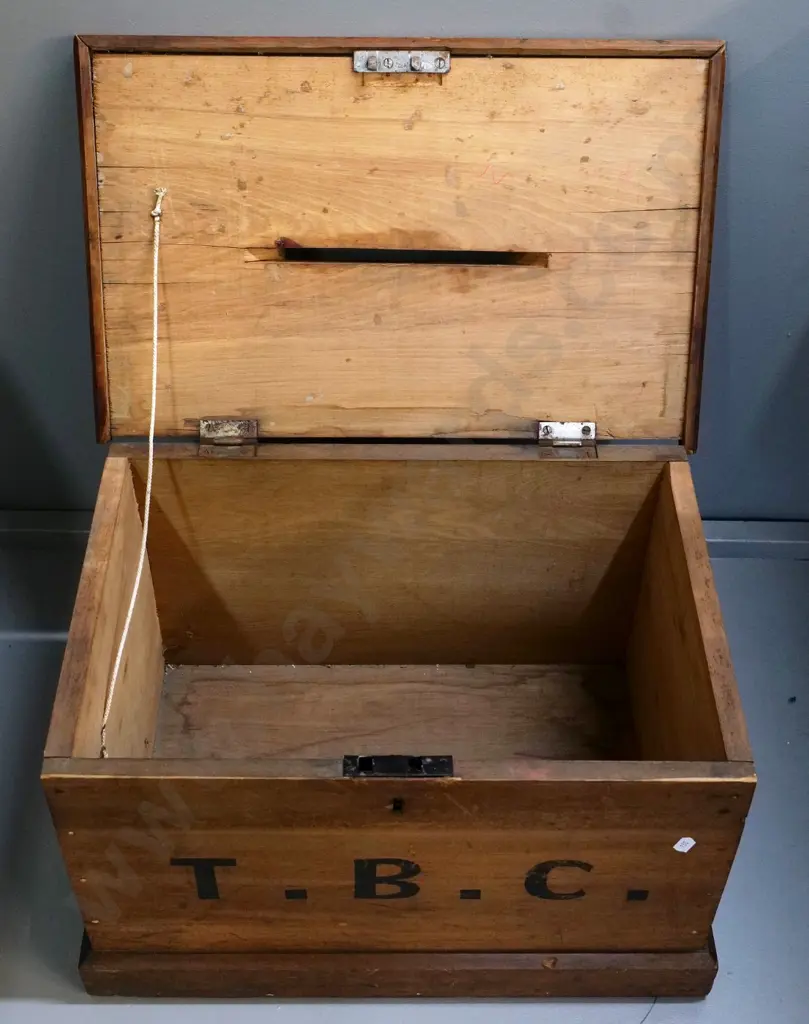 vintage timber ballot box with hinged top, marked TBC on front - split to board in base H340 W520 D345 Image 1++