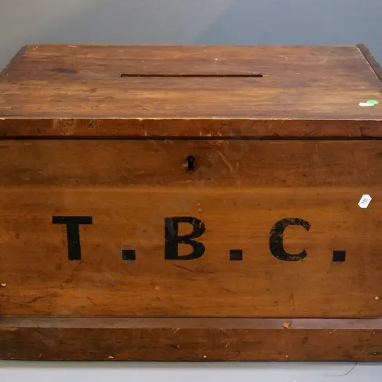 vintage timber ballot box with hinged top, marked TBC on front - split to board in base H340 W520 D345