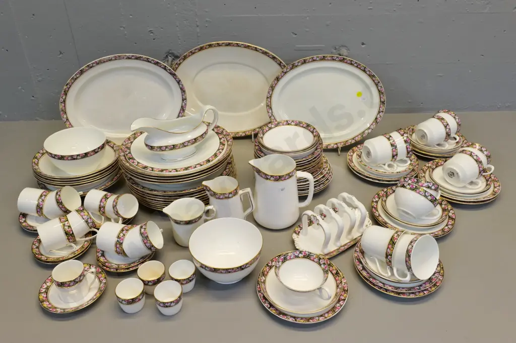large quantity of Grafton Pompadour pattern dinner, tea and coffee ware - some wear, discolouration, a few small chips Image 1++