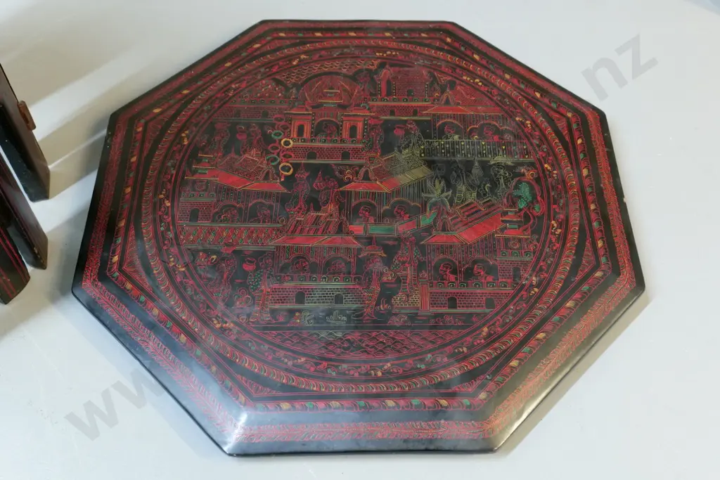 asian collapsible table with hinged folding base - finely carved and hand painted decoration H-360 W-380 Image 1++