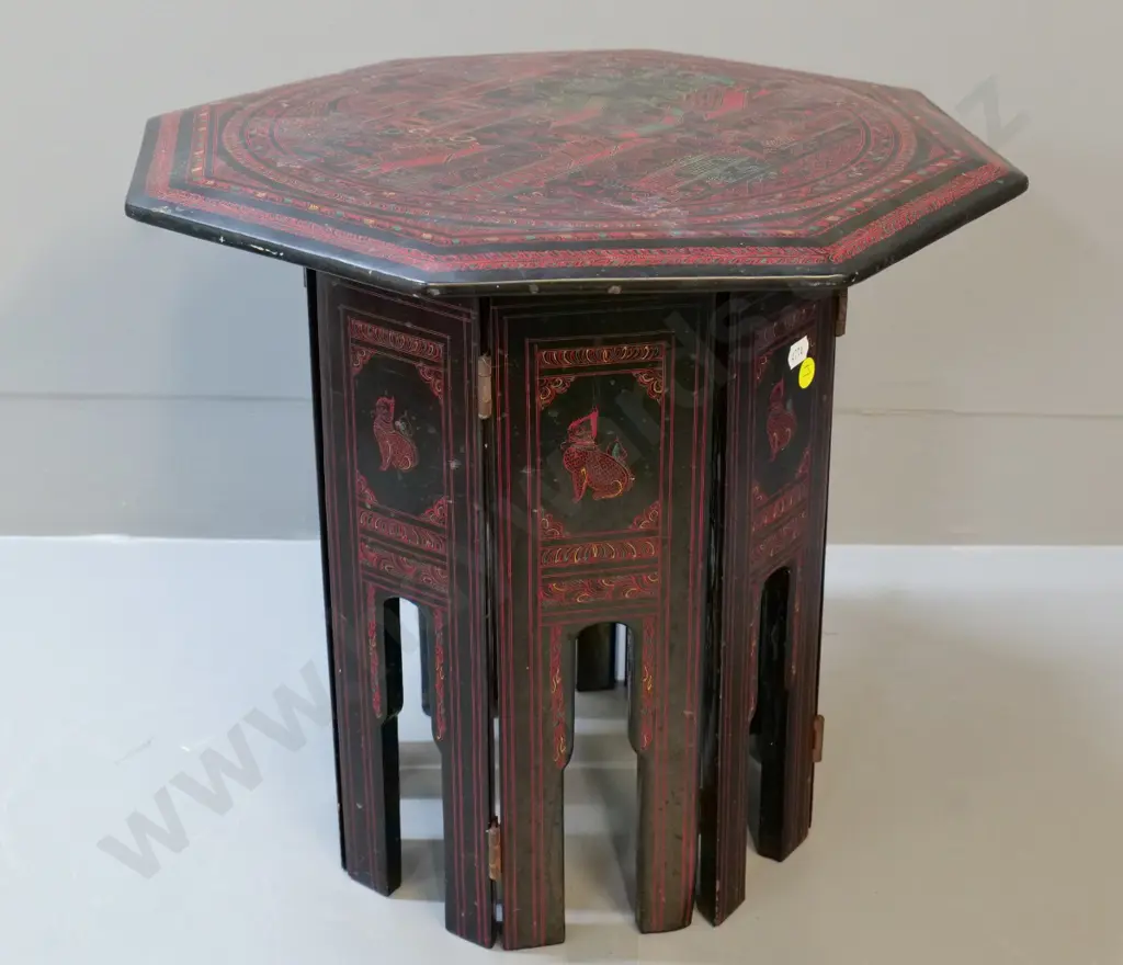 asian collapsible table with hinged folding base - finely carved and hand painted decoration H-360 W-380 Image 1++