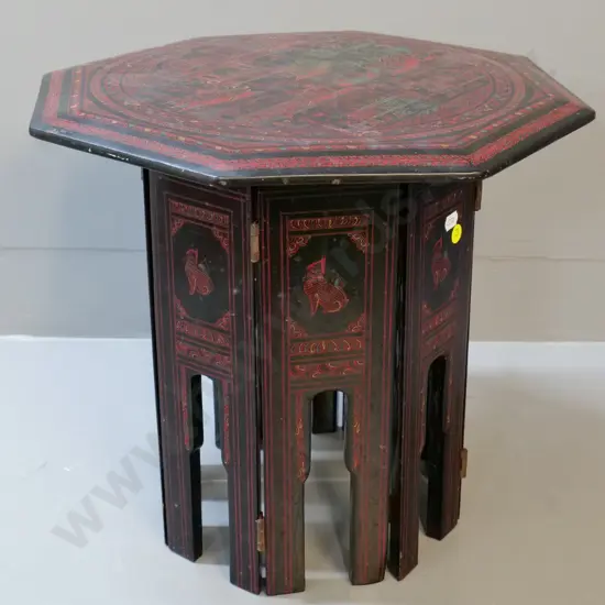 asian collapsible table with hinged folding base - finely carved and hand painted decoration H-360 W-380
