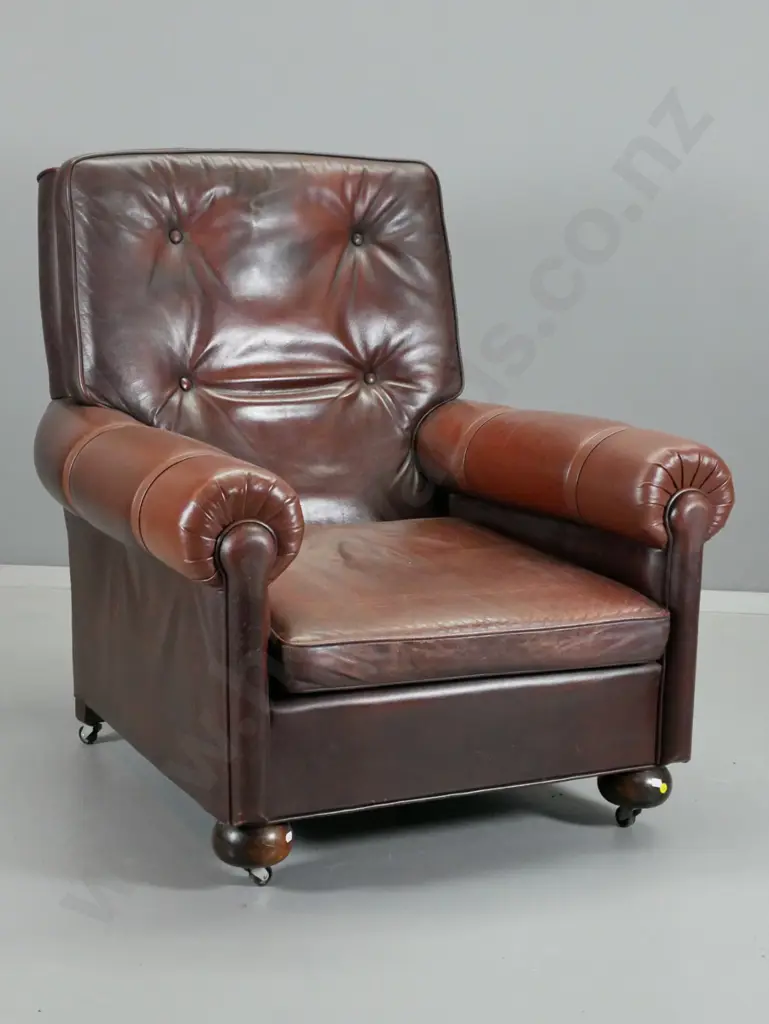 leather upholstered club chair with ball front feet and casters, chestnut brown colour leather H910 W830 D860 Image 1++