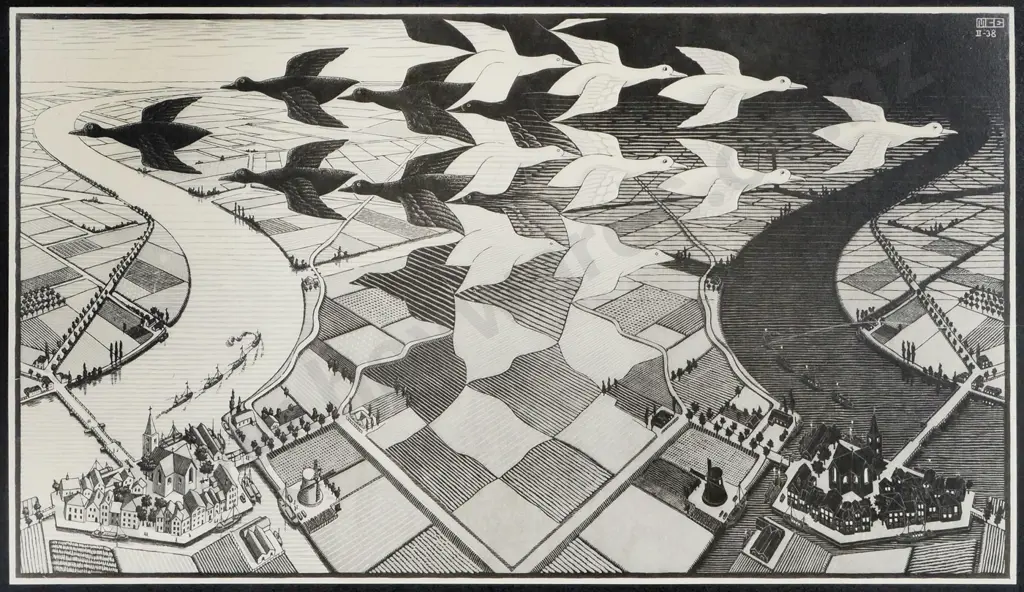 MC Escher print on board "Day and Night" H-480 W-730 Image 1++