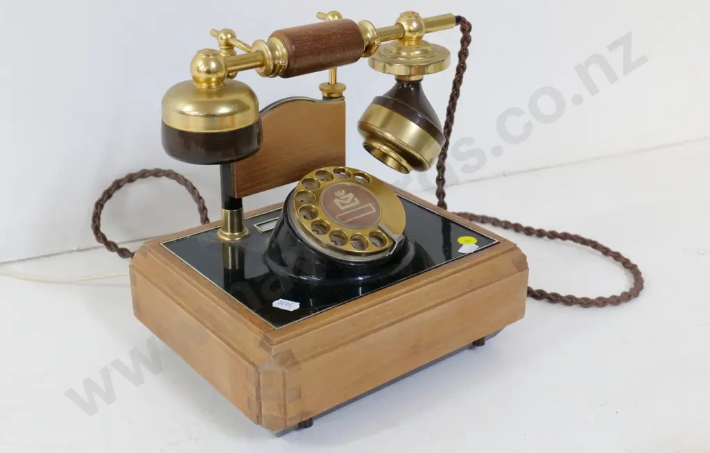 reproduction telephone with New Zealand Post logo, on wooden base H-250 W-240 D-180 Image 1++