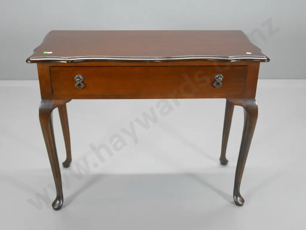 mahogany reproduction cab-leg hall table, single drawer w/ metaldrop handle, slight ring mark on top H680 W840 D380 Image 1++