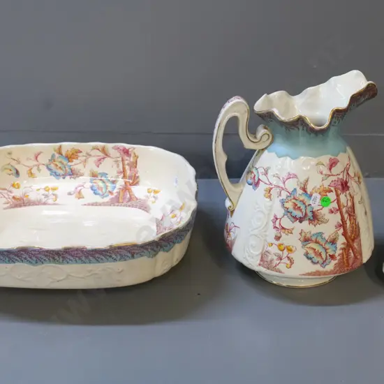 English china bedroom set, no maker's marks - large wash basin W400, jug & toothbrush holder - basin has crazing & wear
