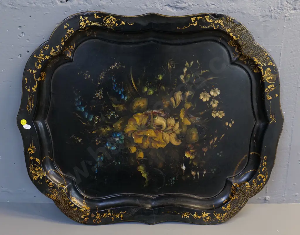 large hand-painted papier-mache tray with hand painted floral design - some wear and chips L680 W540 Image 1++
