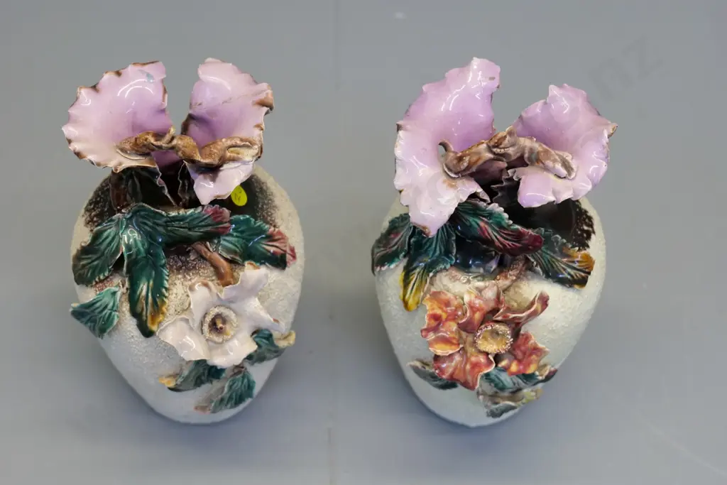 pair (Milton potteries?) majolica vases with ceramic hail & applique poppies - some damage to flowers H-230 Image 1++