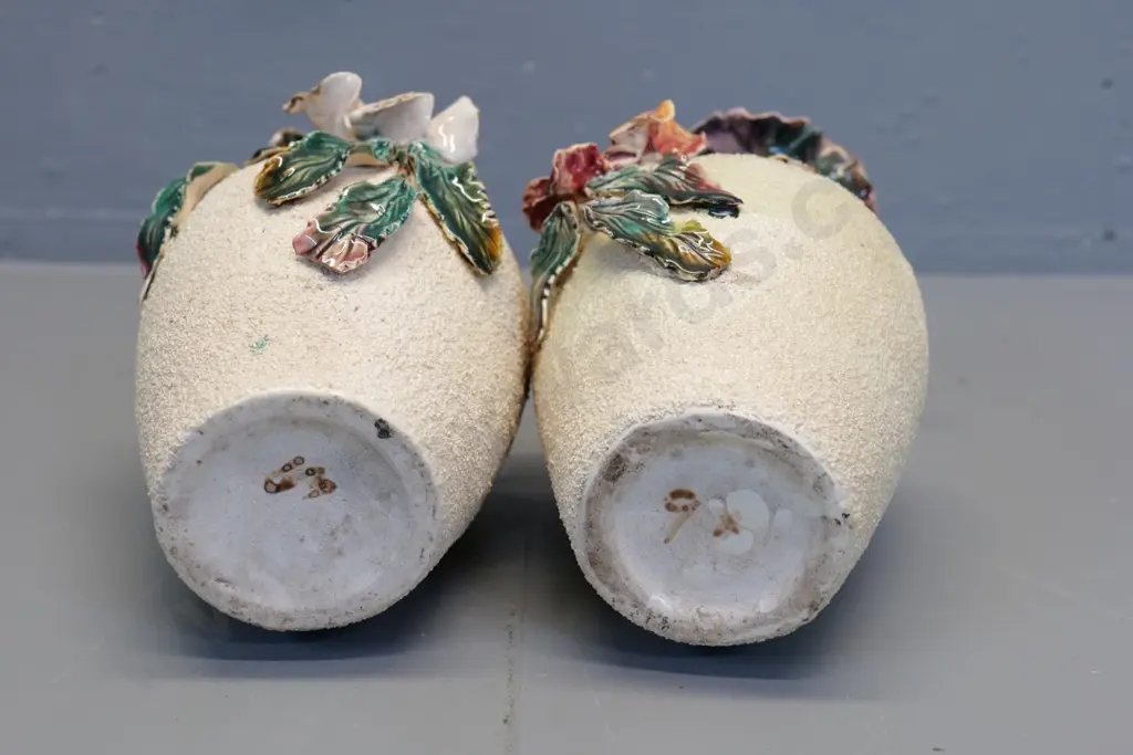 pair (Milton potteries?) majolica vases with ceramic hail & applique poppies - some damage to flowers H-230 Image 1++
