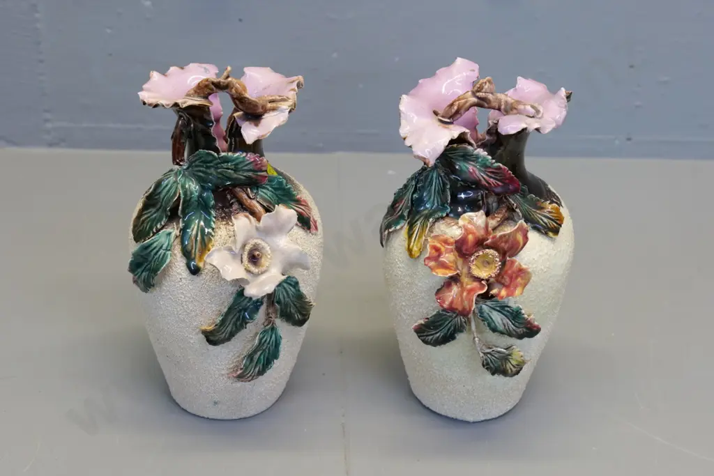 pair (Milton potteries?) majolica vases with ceramic hail & applique poppies - some damage to flowers H-230 Image 1++
