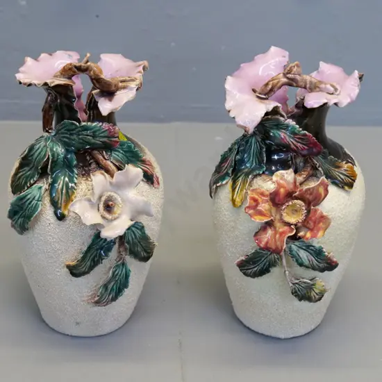 pair (Milton potteries?) majolica vases with ceramic hail & applique poppies - some damage to flowers H-230