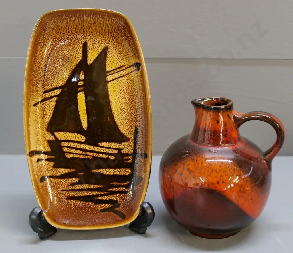 small Poole Aegean plate 180 x 100 and a pottery jug, no maker's marks Image 1++