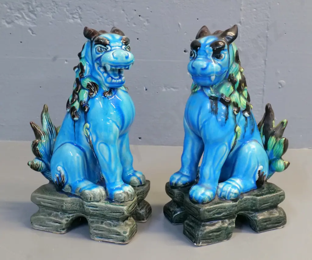 pair of teal, green and brown china foo dog figures H-270 Image 1++