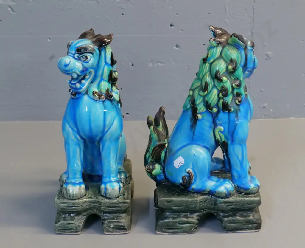 pair of teal, green and brown china foo dog figures H-270 Image 1++