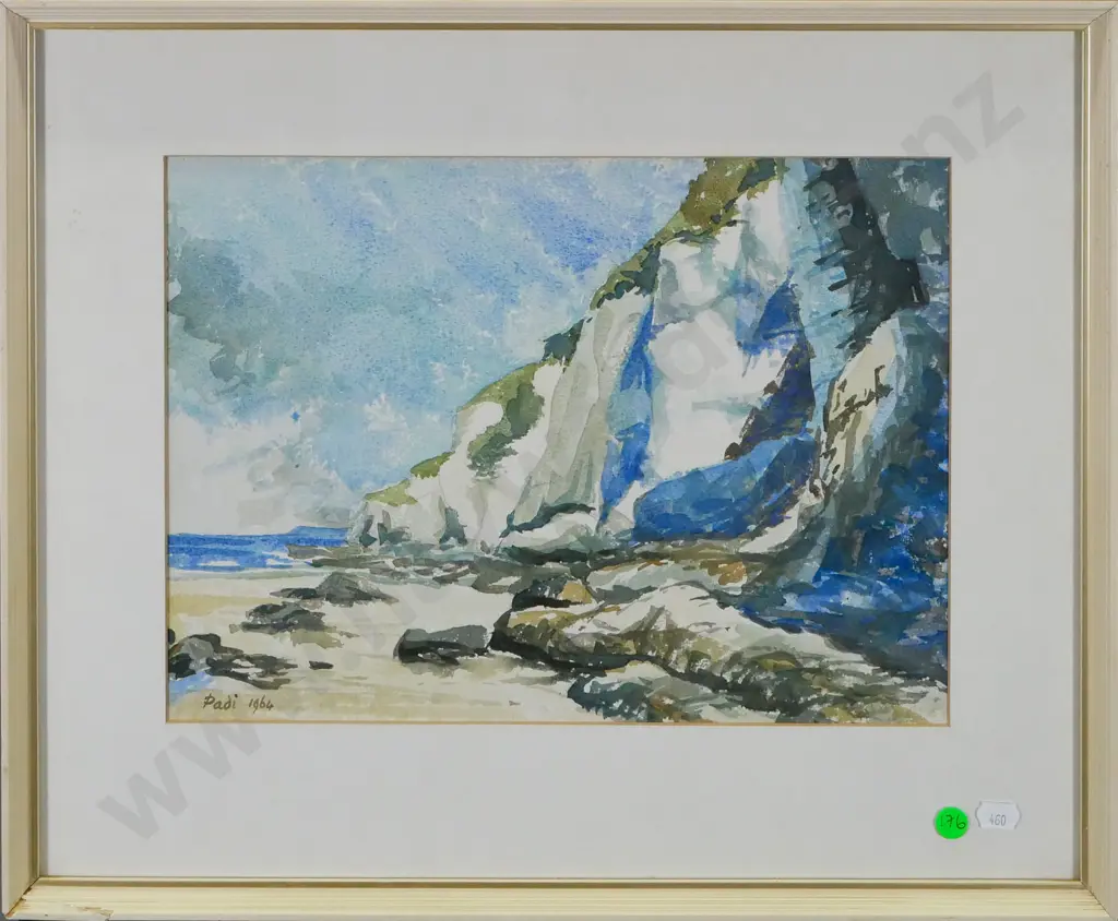 Padi 1964 - framed watercolour - coastal scene (frame needs attention) H-240 W-330 Image 1++