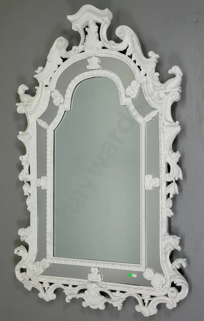 ornate white painted wall mirror H-1240 W-780 (cracks to frame) Image 1++