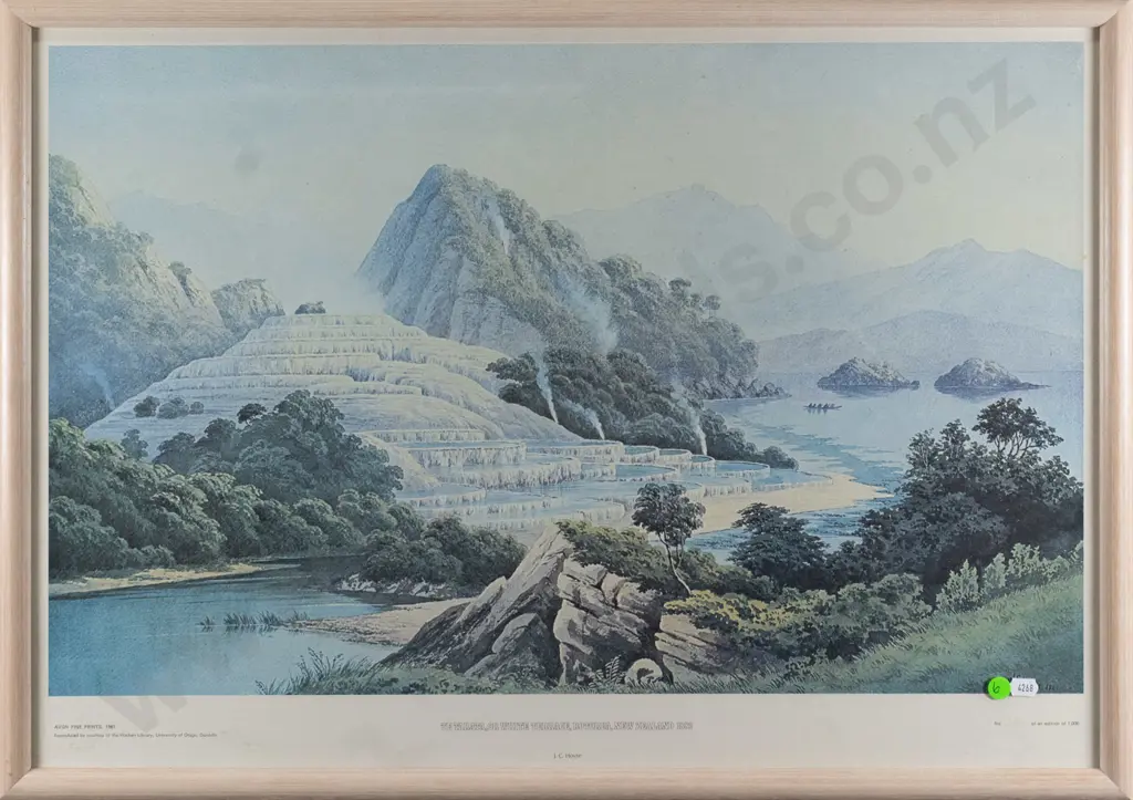 framed historic print - Te Tarata, White Terrace, Rotorua H-390 W-630 (faded) Image 1++