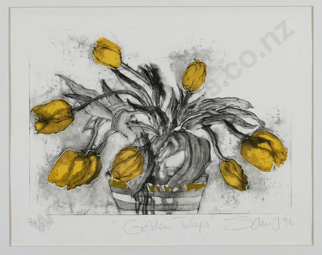 illegible signature - framed  ltd edition print 74/75 "Golden Tulips" H-210 W-290 Image 1++