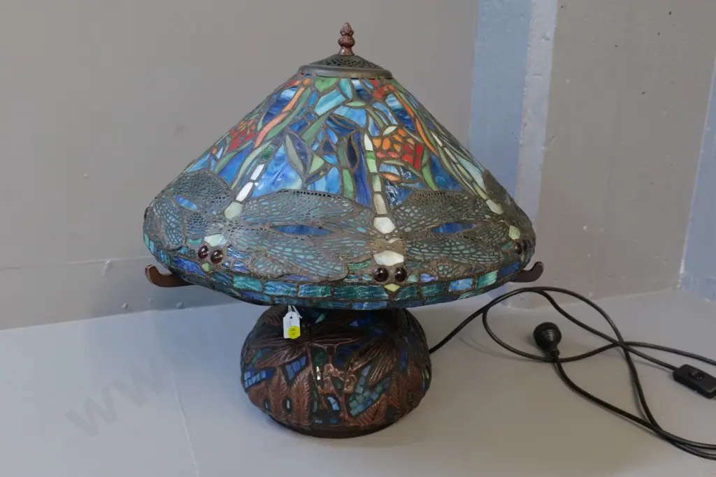 reproduction Tiffany style dragonfly motif lamp on composite & glass mosaic base H-490 D-490. Crack to one bulb housing Image 1++