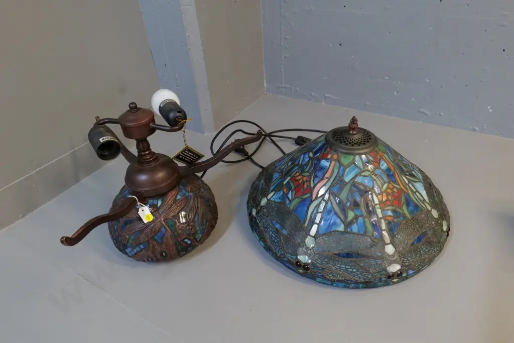 reproduction Tiffany style dragonfly motif lamp on composite & glass mosaic base H-490 D-490. Crack to one bulb housing Image 1++