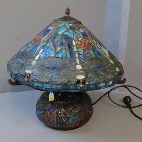 reproduction Tiffany style dragonfly motif lamp on composite & glass mosaic base H-490 D-490. Crack to one bulb housing