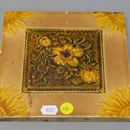 Milton potteries majolica tile - chips, has had major repair - back stamped. 150 x 150