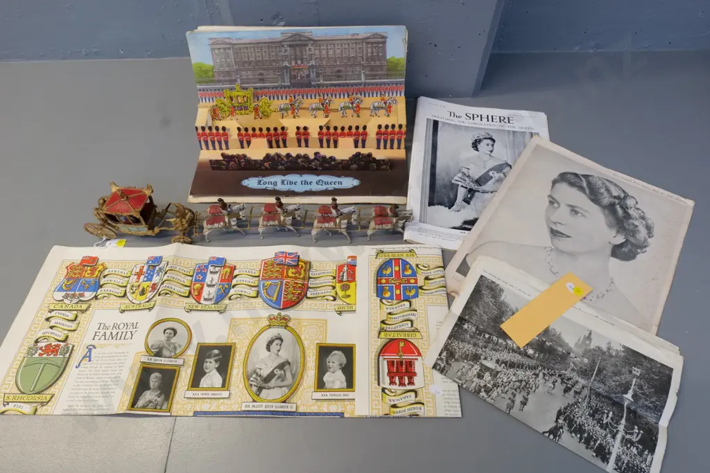 1953 coronation items - cast metal model carriage set (roof loose) pop-up diorama book, clippings, etc. Image 1++