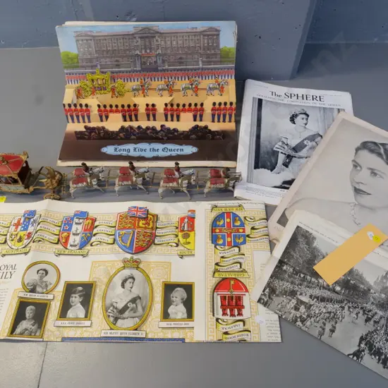 1953 coronation items - cast metal model carriage set (roof loose) pop-up diorama book, clippings, etc.