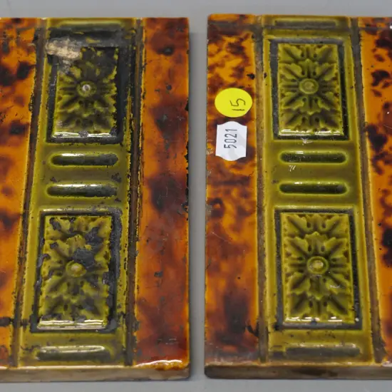 2 Milton potteries tortoise-shell majolica tiles - 75 x 155 - no back stamp, minor chip