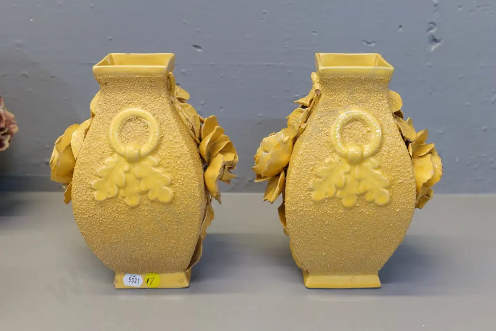 pair of (Milton potteries?) yellow majolica with ceramic hail and flowers - some chips H-200 Image 1++
