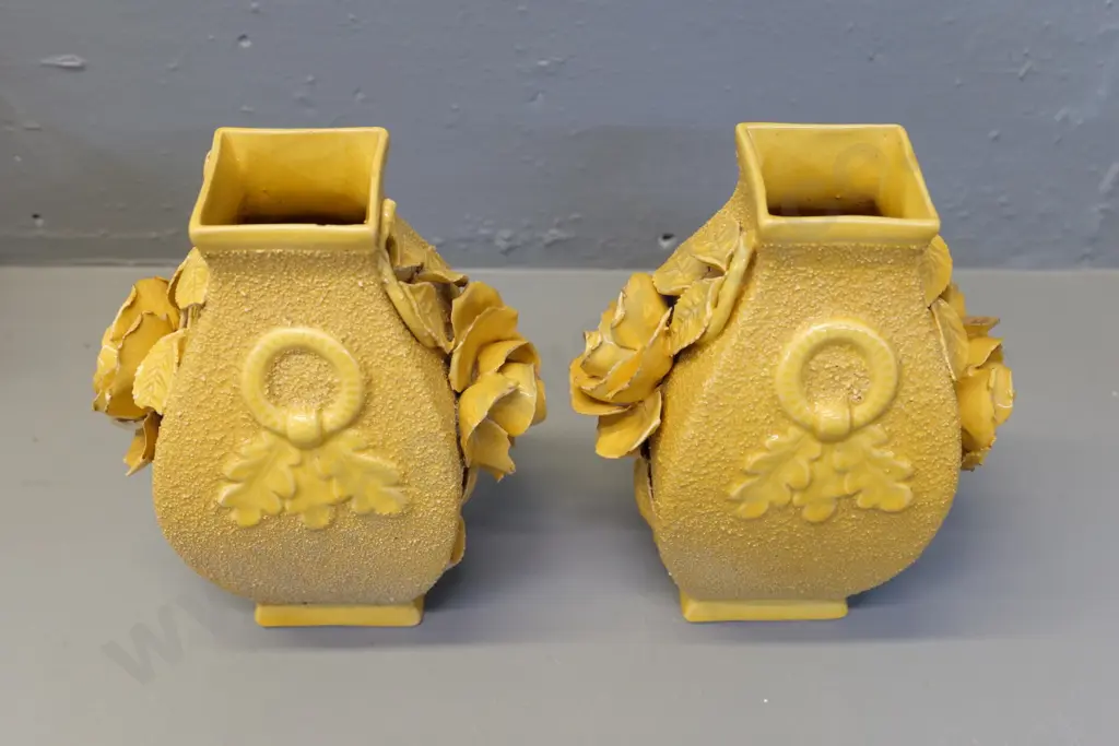 pair of (Milton potteries?) yellow majolica with ceramic hail and flowers - some chips H-200 Image 1++