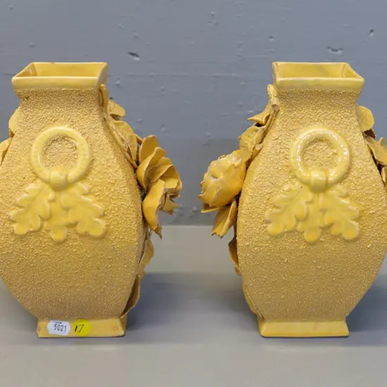 pair of (Milton potteries?) yellow majolica with ceramic hail and flowers - some chips H-200
