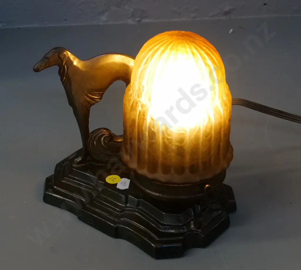 circa 1920s spelter borzoi themed table lamp with frosted amber shade - shade missing securing screw H-200 W-180 D-120 Image 1++