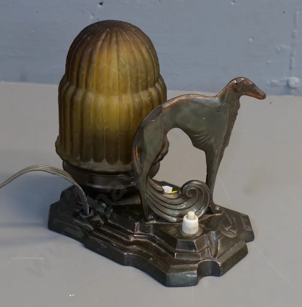 circa 1920s spelter borzoi themed table lamp with frosted amber shade - shade missing securing screw H-200 W-180 D-120 Image 1++