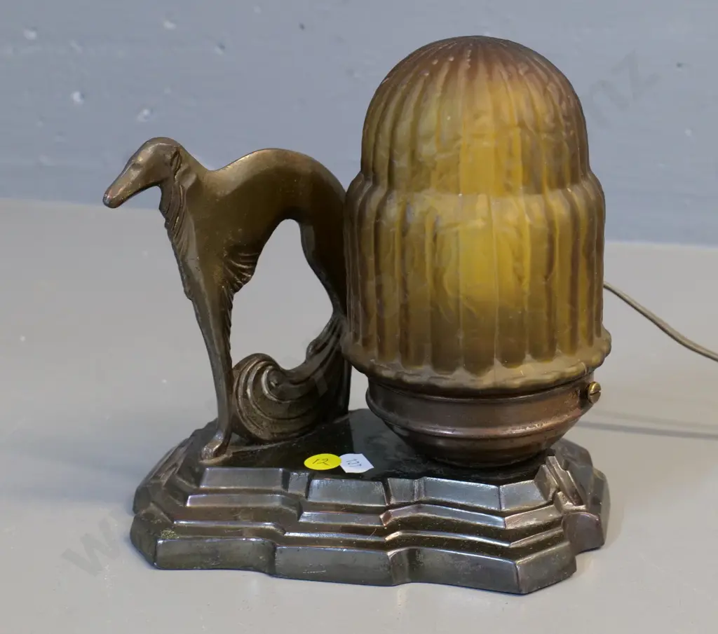 circa 1920s spelter borzoi themed table lamp with frosted amber shade - shade missing securing screw H-200 W-180 D-120 Image 1++