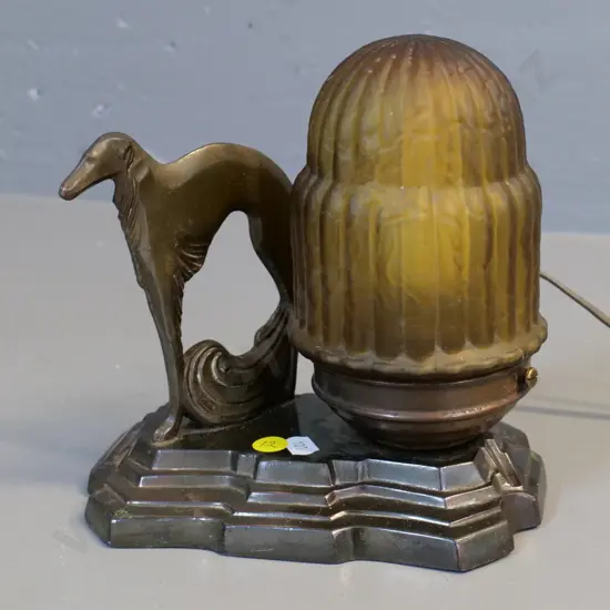 circa 1920s spelter borzoi themed table lamp with frosted amber shade - shade missing securing screw H-200 W-180 D-120