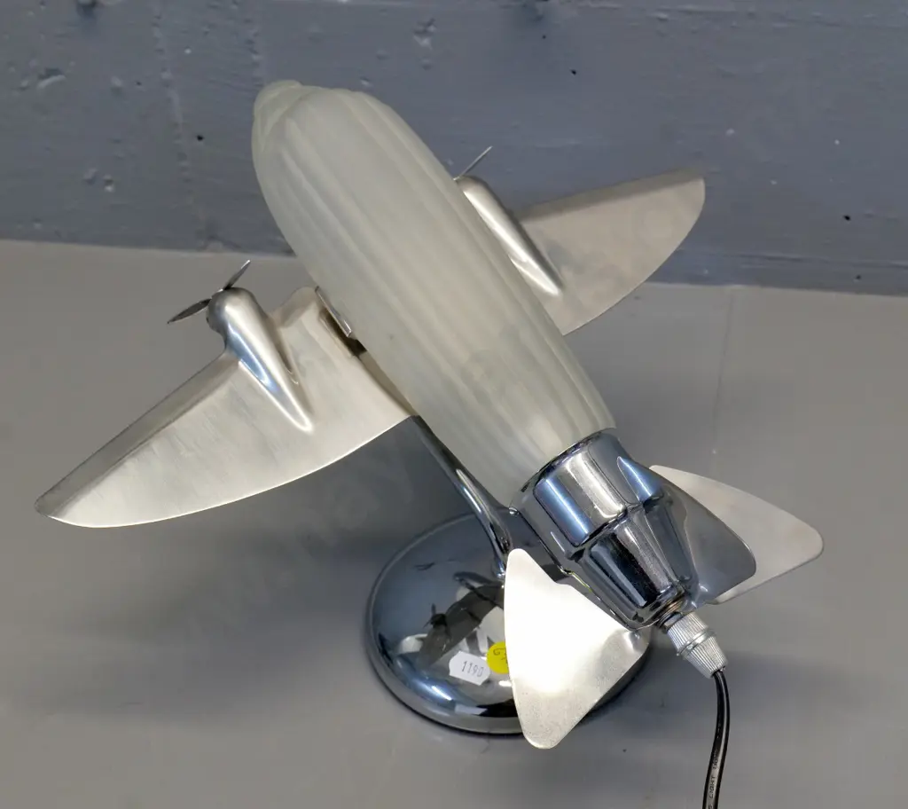 reproduction chrome aeroplane table lamp with frosted glass shade - H-230 L-300 Image 1++