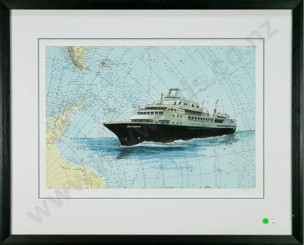 illegible signature - framed ltd edition print 5/250 - Silver Explorer on Drake Passage map H-330 W-470 Image 1++