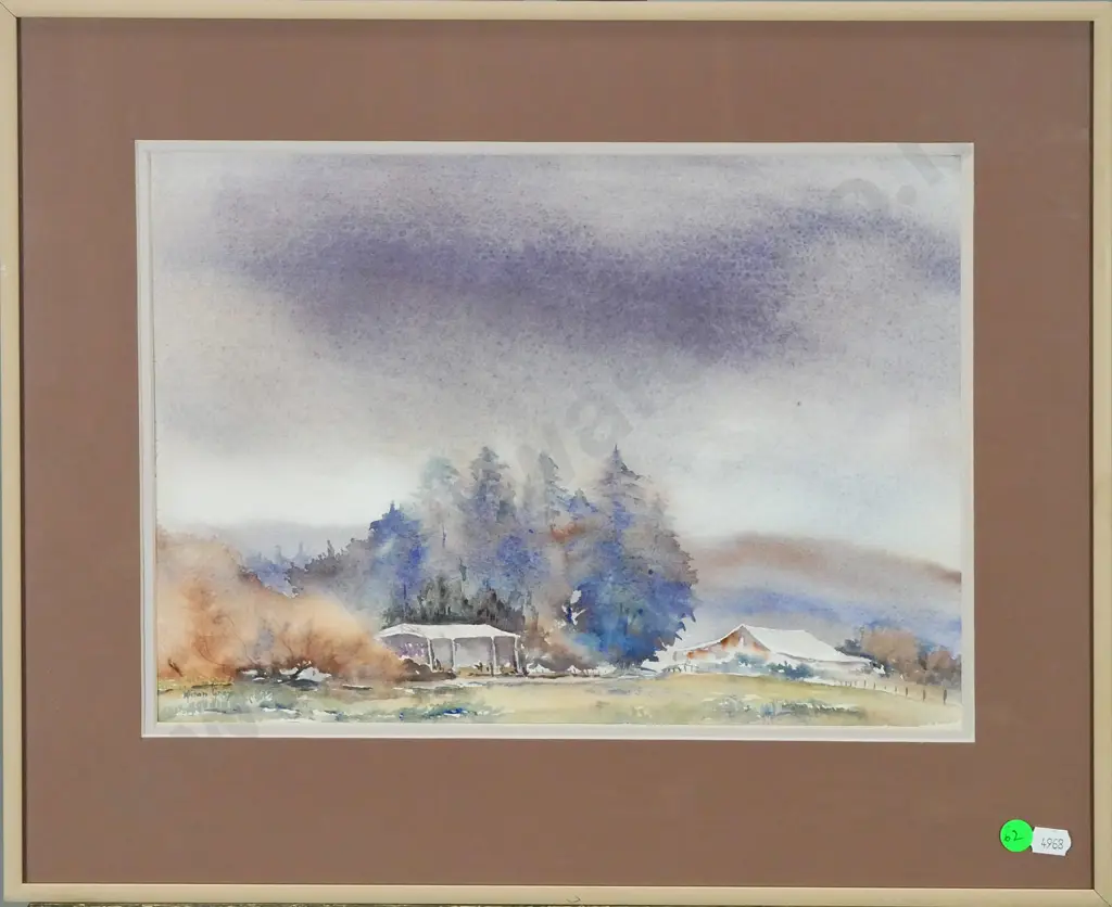 Alison Gray - framed watercolour "Farm Sheds Watepeka, Sth Otago Image 1++
