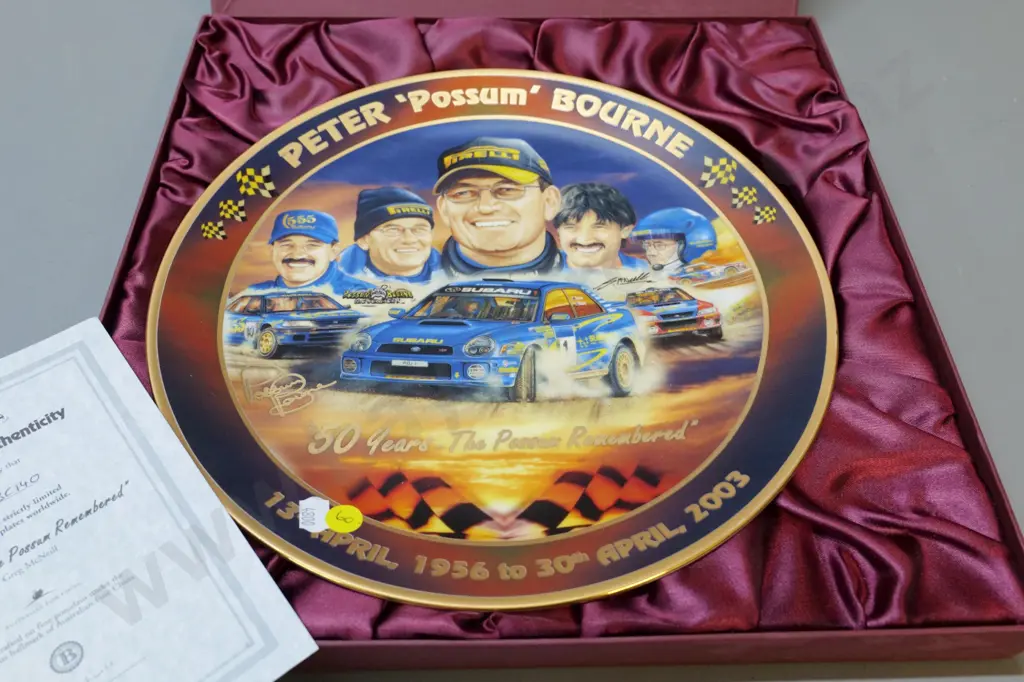 boxed Bradford Exchange collector plate - Peter "Possum" Bourne Subaru racing team D-300 Image 1++