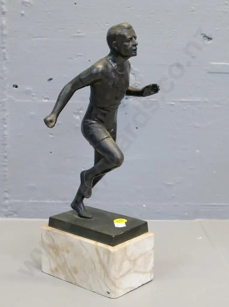cast metal male running figure on marble base H-270 Image 1++