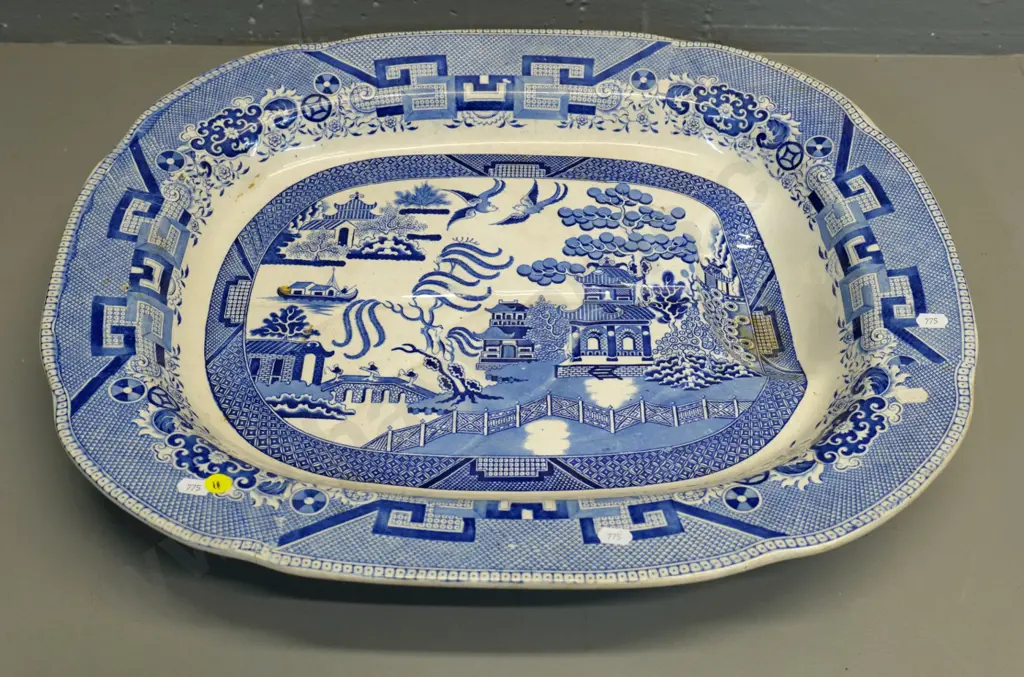 vintage large willow pattern meat platter - no maker's marks. Some staining, crack L-570 W-450 Image 1++