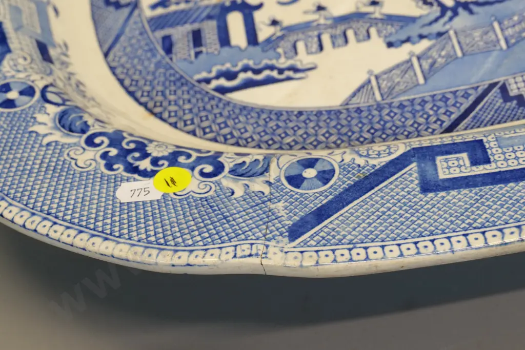 vintage large willow pattern meat platter - no maker's marks. Some staining, crack L-570 W-450 Image 1++
