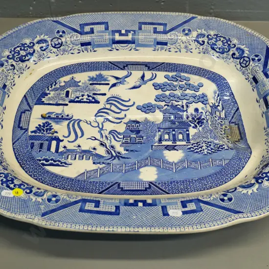 vintage large willow pattern meat platter - no maker's marks. Some staining, crack L-570 W-450