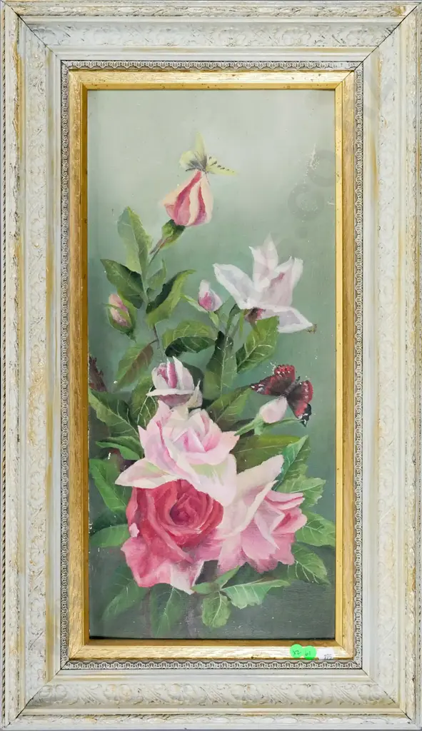 2x framed oils on board - roses (some damage) Each H-540 W-250 Image 1++