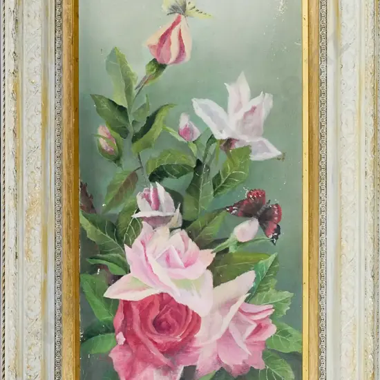 2x framed oils on board - roses (some damage) Each H-540 W-250