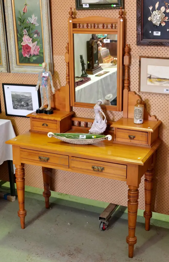 rimu vintage NZ colonial style dressing table with framed mirror, 2 jewellery & 2 lower drawers H1730 W1080 D500 Image 1++