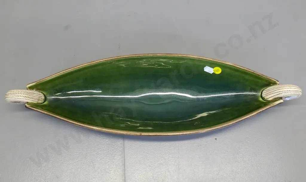 McGlashan Pottery Nelson NZ waka shaped bowl with scroll ends L-470 W-140 Image 1++
