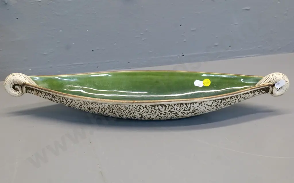 McGlashan Pottery Nelson NZ waka shaped bowl with scroll ends L-470 W-140 Image 1++